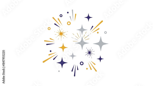 Colorful graphic illustration of fireworks and stars in shades of gold, silver, and purple on a white background, celebrating happy new year 2026.