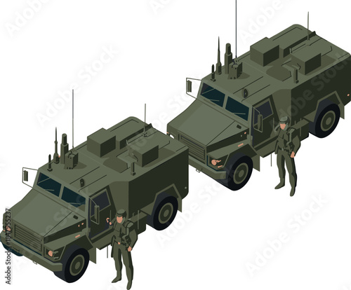 Military Armored Vehicles with Soldiers Vector Illustration — Army Transport and Defense Concept