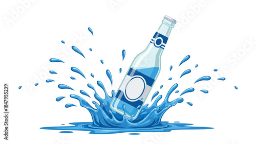 Refreshing beverage bottle plunges into a splash of cool water, creating a dynamic and invigorating scene.
