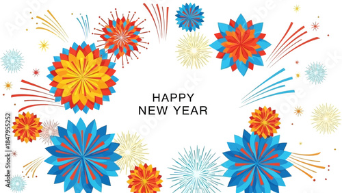 Vibrant fireworks and floral designs celebrate happy new year 2026 against a clean white background with colorful, festive elements.