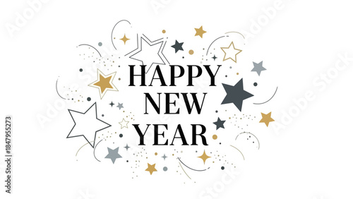 Graphic design featuring 'Happy New Year' text surrounded by colorful stars and confetti on a white background with a celebratory mood in 2026.