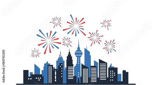 A vibrant city skyline silhouette celebrates with red, white, and blue fireworks on a clean white background, conveying a joyful and festive mood for happy new year 2026.