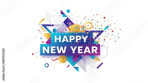 Colorful graphic design celebrating happy new year 2026 with vibrant shapes and confetti on a white background.