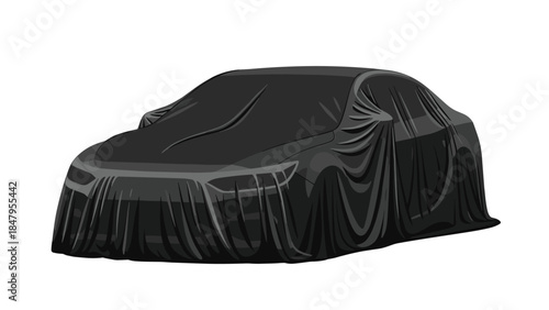 Sleek modern car is partially revealed under a dark cover, creating anticipation and mystery around its design and features.