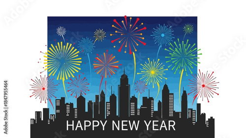 Graphic illustration of a vibrant city skyline celebrating happy new year 2026 with colorful fireworks exploding in the night sky.