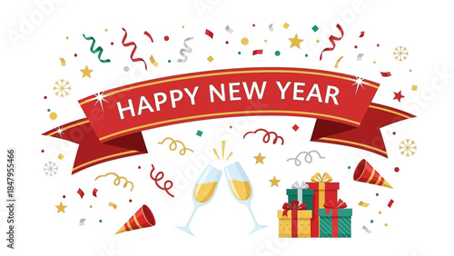 Flat lay of Happy New Year 2026 celebration with champagne glasses, gifts, and festive decorations on a white background.