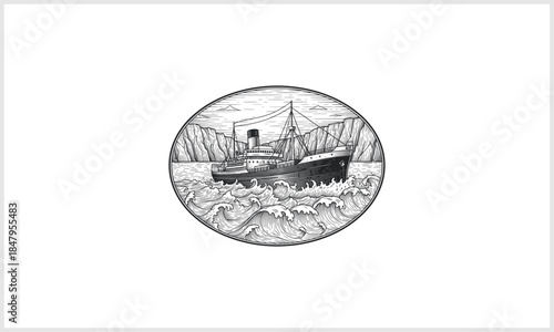 Nautical Engraving: An artistic depiction of a stately ship, navigates tempestuous waters, framed in an oval, representing a voyage across the ocean.