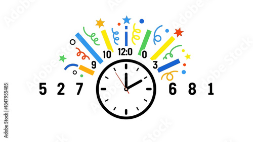 Illustration of a clock striking midnight surrounded by colorful party decorations and numbers on a white background, symbolizing happy new year 2026.