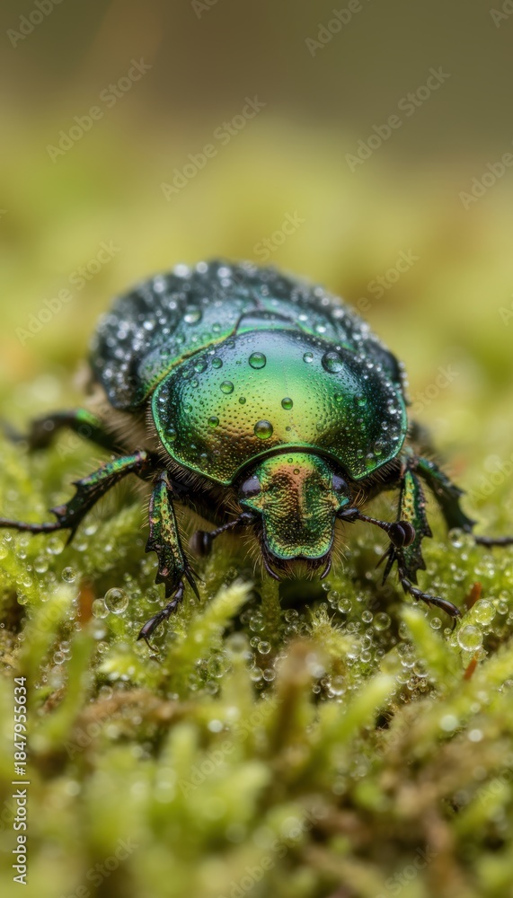 Naklejka premium Close-up view of a green beetle on wet moss during morning light in a forest setting