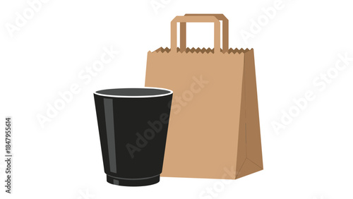 A black disposable cup and a brown paper bag sit side by side, suggesting takeout or delivery service.