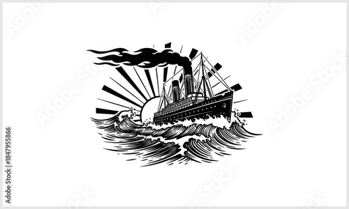 Ocean Voyage: A stylized depiction of a majestic ship gracefully navigating turbulent waters, with the sun radiating in the background, symbolizes adventure and maritime history.