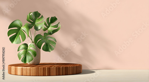 Window edge wooden platform with green plants