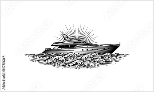 Ocean Voyage: A detailed drawing of a luxury yacht gracefully navigating the waves, with the sun radiating in the background, offering a sense of opulence and exploration.