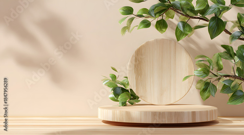 Window edge wooden platform with green plants