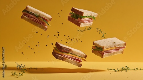 Modern Floating Ham Sandwich Minimal Graphic Visual Food Composition on Warm Yellow Background