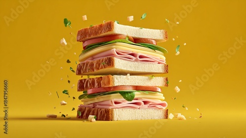 Premium Floating Stack Sandwich with Cheese, Ham and Fresh Greens on Yellow Studio Background