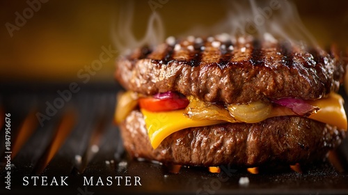 Ultimate Steak Master Grilled Burger with Thick Beef Patties and Hot Melting Cheese on BBQ Grill