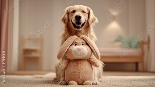 Adorable Golden Dog Posing With Cute Plush Bunny Toy Portrait Indoors
