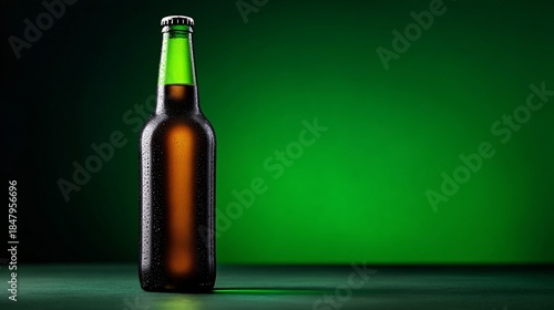 Cold Green Beer Bottle with Condensation on Gradient Background