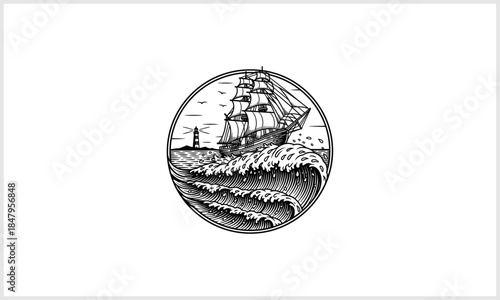 Voyage Emblem: An illustrative monochrome nautical emblem of a tall ship navigating turbulent waters, with a beacon of hope shining in the distance.