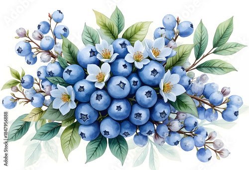 A beautiful arrangement features clusters of ripe blueberries alongside fragile white flowers and green leaves. This design showcases the tranquility and beauty of natures bounty.