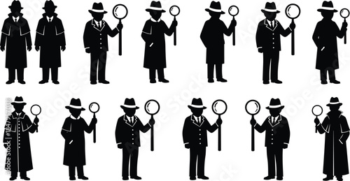 Detective silhouette icons collection, vintage investigator characters with magnifying glass, black vector illustration set for mystery crime design
