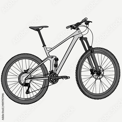 Gray mountain bicycle with hydraulic brakes and suspension