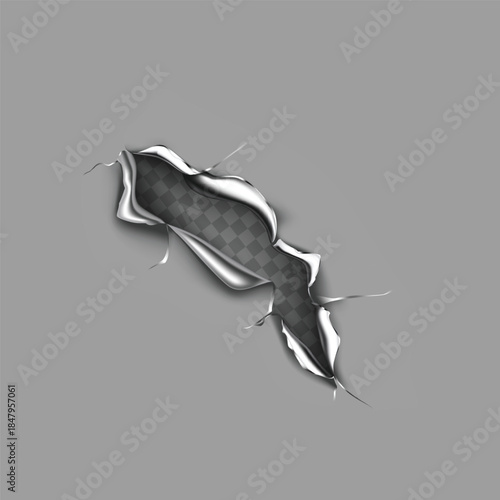 Realistic torn metal sheet effect revealing a transparent background with jagged edges and texture