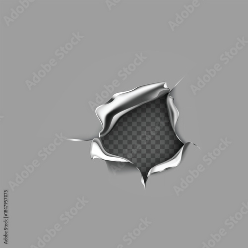 Realistic torn metal sheet effect revealing a transparent background with jagged edges and texture