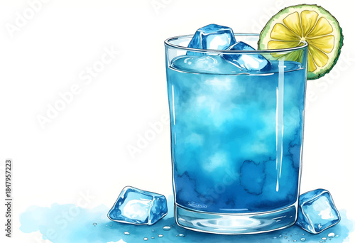 Refreshing blue cocktail filled with ice cubes and garnished with a lime slice sits on a table. The drink brings a vibrant summer feel, perfect for relaxing seaside moments.