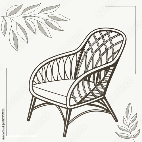 Realistic cane woven chair in modern style with leaves