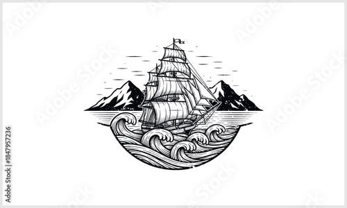 Voyage Emblem: A majestic sailing ship navigates a tumultuous sea, framed by rugged mountain peaks, creating a bold emblem of adventure and exploration.