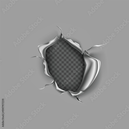 Realistic torn metal sheet effect revealing a transparent background with jagged edges and texture