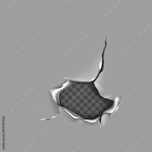 Realistic torn metal sheet effect revealing a transparent background with jagged edges and texture