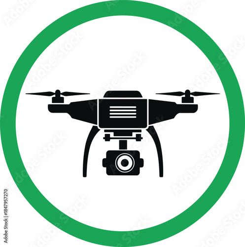 Drone camera icon illustration, aerial photography technology symbol, unmanned aircraft sign, modern surveillance quadcopter vector isolated white background