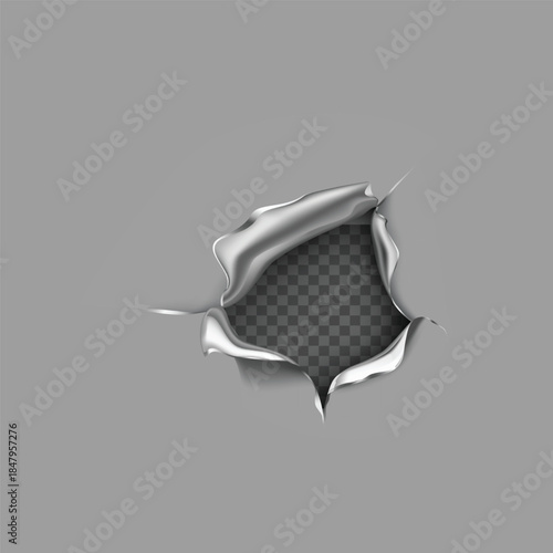 Realistic torn metal sheet effect revealing a transparent background with jagged edges and texture
