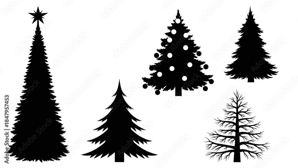 Obraz premium Collection of christmas tree silhouettes decorated, plain, tall, small, bare black vector graphics