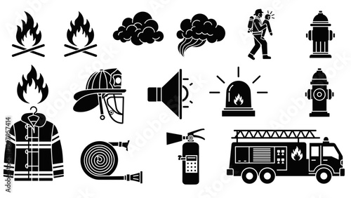Firefighter and fire safety icons set flames, smoke, helmet, truck, hydrant, extinguisher, siren, and uniform silhouette collection