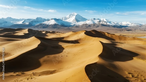 Fototapeta Naklejka Na Ścianę i Meble -  Sand dunes in a desert with snow-capped mountains in the background under a clear blue sky