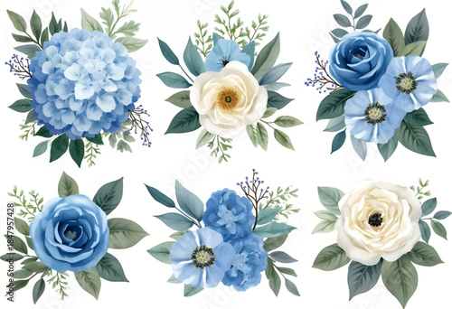Various flower arrangements showcase a blend of blue and white blooms surrounded by lush greenery, creating an elegant and tranquil atmosphere suitable for decoration.