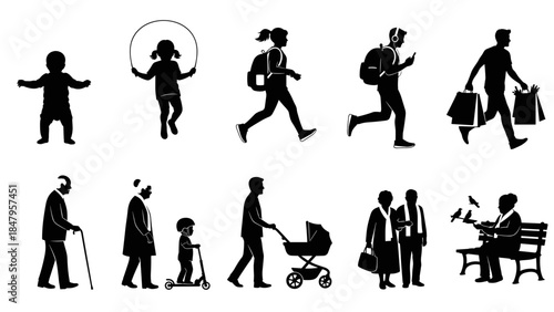 A collection of human silhouette illustrations representing various activities and stages of life. The illustrations capture a range of movements, from running to strolling.
