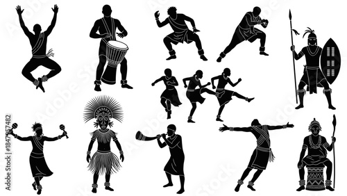 Collection of silhouettes depicting african tribal dancers, musicians, and warriors with traditional attire and instruments