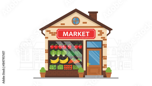 Charming storefront of a fresh produce market displays colorful fruits and vegetables in a quaint urban setting.