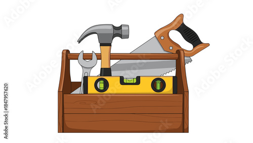 A wooden toolbox filled with essential hand tools like a hammer, saw, wrench, and level is ready for home improvement projects.