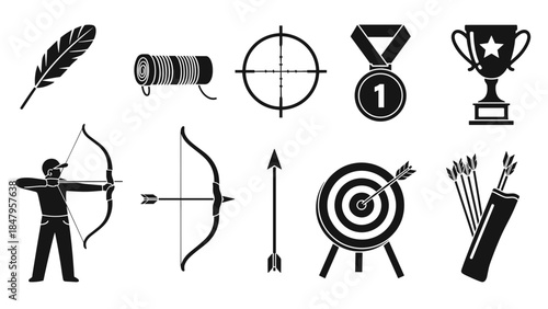 Archery sport equipment icons set silhouette vector collection for target shooting competition and hobby