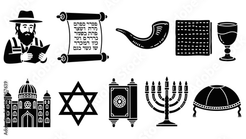 Collection of jewish religious and cultural symbols silhouettes torah, menorah, shofar, synagogue