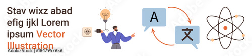 Language learning, innovation, communication, knowledge transfer, education, science. A person holding a light bulb with translation and atom icons. Innovation and language learning explored