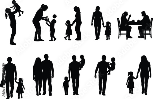 Family silhouette activities set isolated on white background, parents and children daily life moments, love care bonding, vector illustration