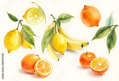 A vibrant display of lemons, oranges, and bananas rests against a light background, highlighting the natural colors and freshness of the fruits. Each fruit is beautifully detailed.