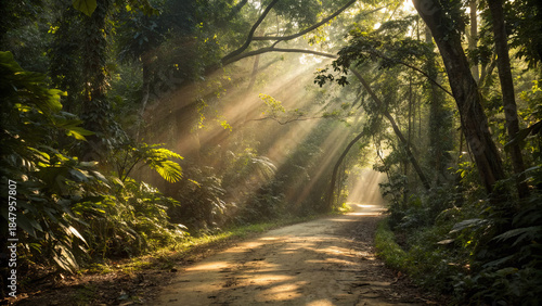 Sunlight shines through trees on a dirt path in a forest during morning